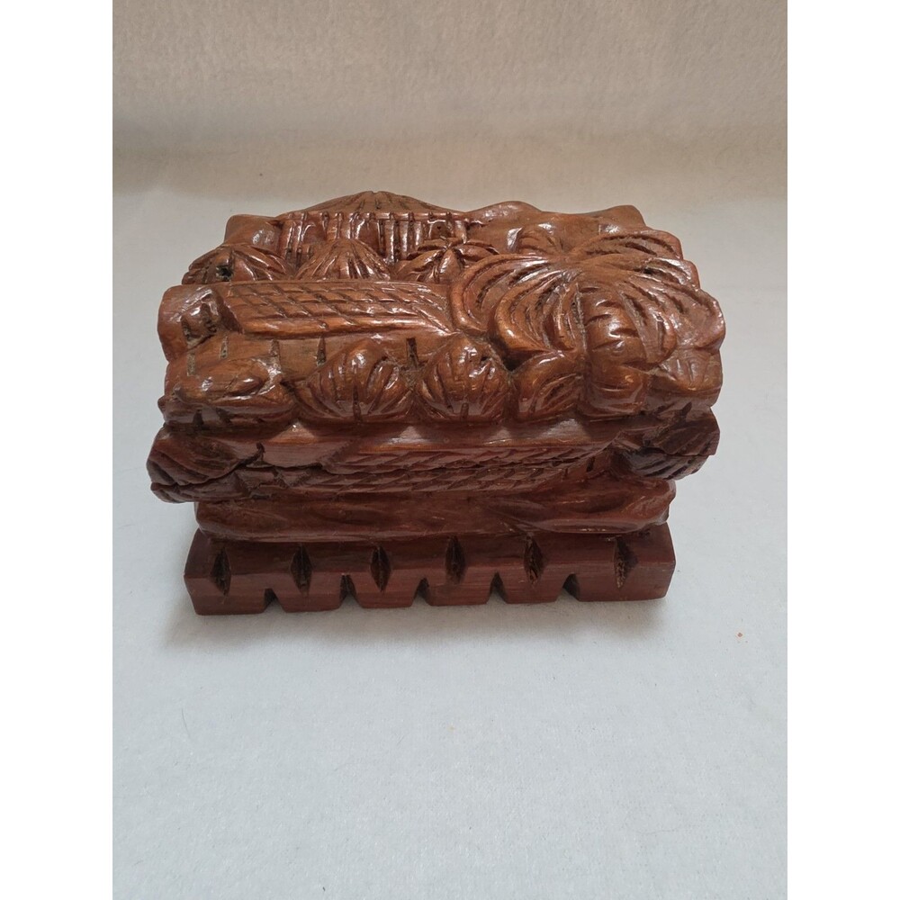 Folk Art Hand Carved Wood Trinket Box Tropical Village Palm Trees